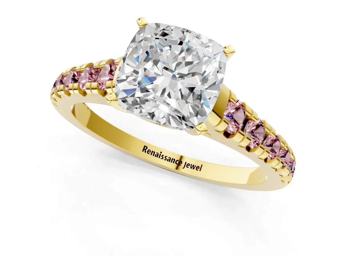 Cushion Cut Diamond Cathedral Solitaire Ring with Round Morganite Pavé Band Yellow gold