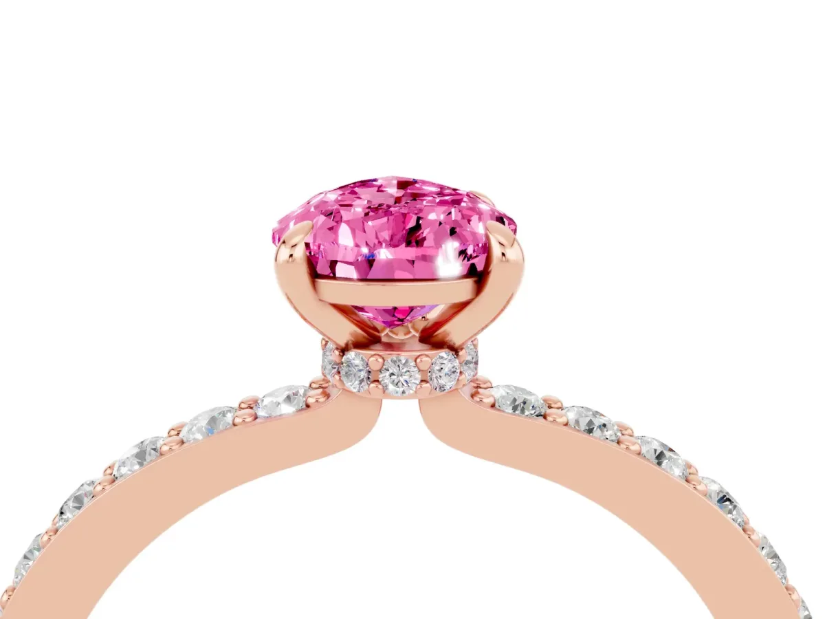 Pear Cut Pink Sapphire Solitaire Engagement Ring with Pavé Band and Four-Prong Setting Rose gold