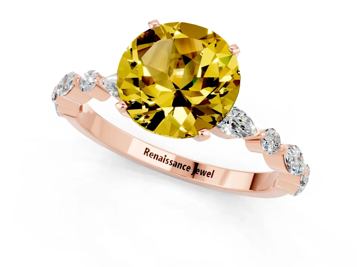 Round Cut Yellow Sapphire Ring with Marquise and Round Side Stones and Four-Prong Setting Rose gold