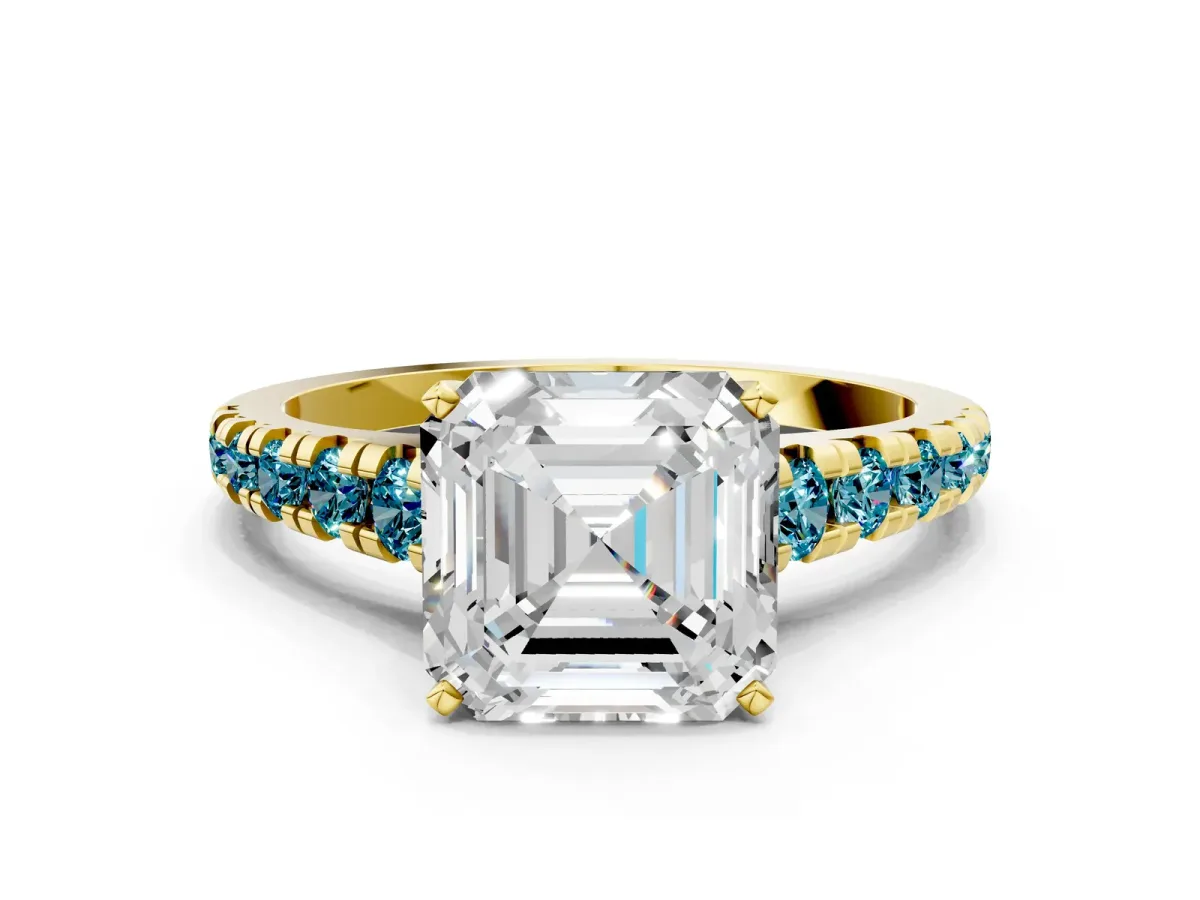 Asscher Cut Diamond Cathedral Solitaire Ring with Round Blue Topaz Pavé Band Yellow gold