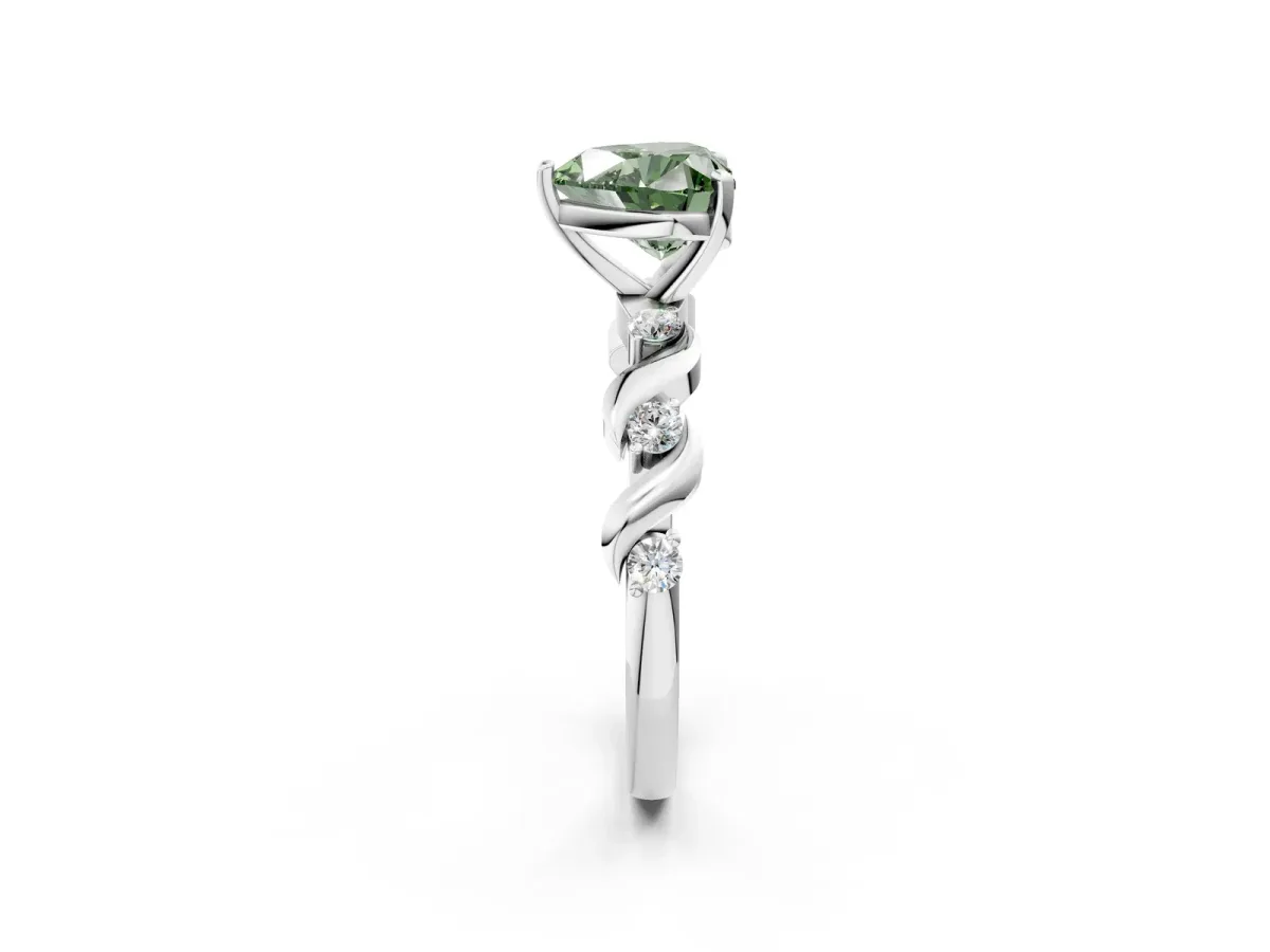 Fancy Green Heart Cut Diamond Solitaire Twisted Band with Round Accents and Prong Setting Platinum