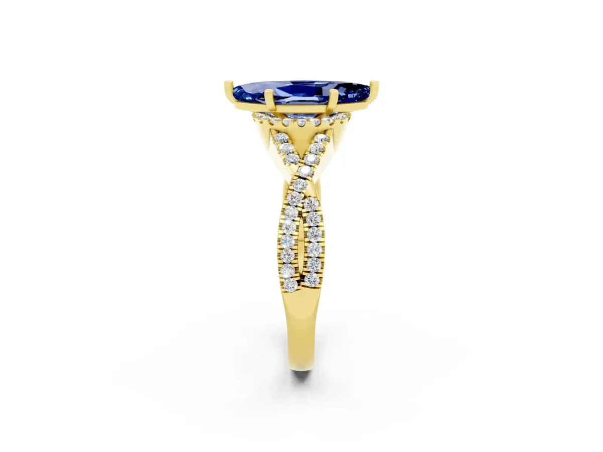 Marquise Cut Blue Sapphire Halo Twist Band Solitaire Prong Setting Ring Yellow gold