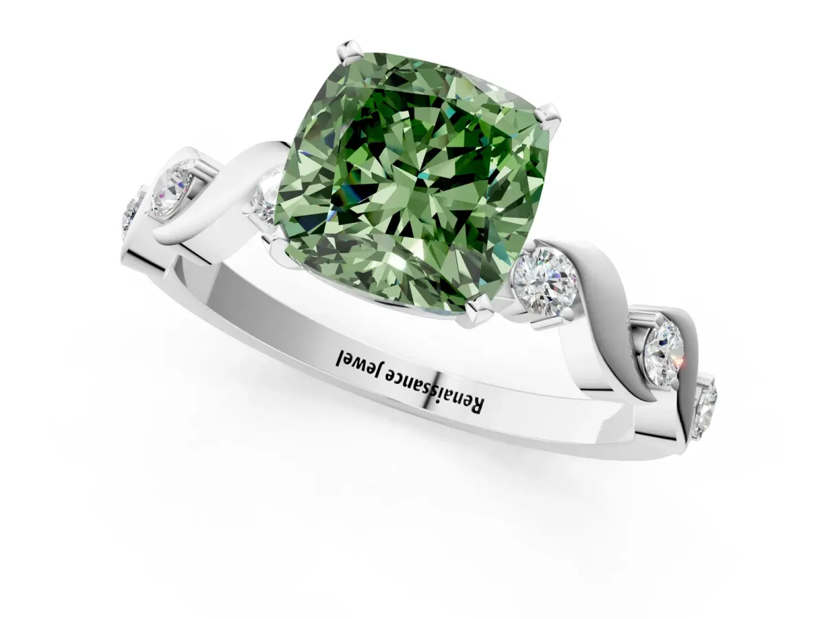 Fancy Green Cushion Cut Diamond Solitaire Twisted Band with Round Accents and Prong Setting White gold