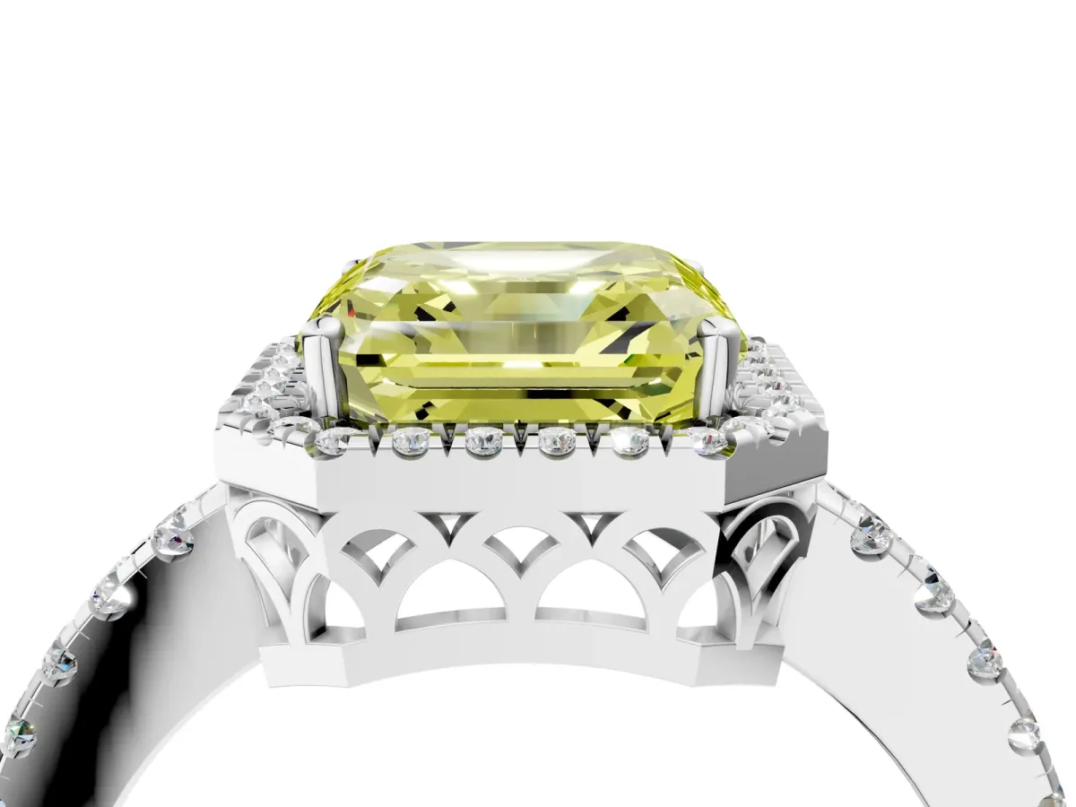 Fancy Yellow Asscher Cut Halo Diamond Engagement Ring with Pavé Band and Four-Prong Setting Platinum