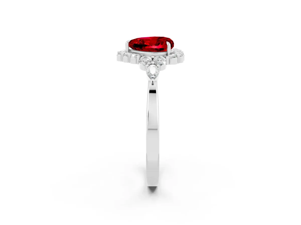 Heart Cut Ruby Halo Ring with Pear Side Stones and Prong Setting Silver