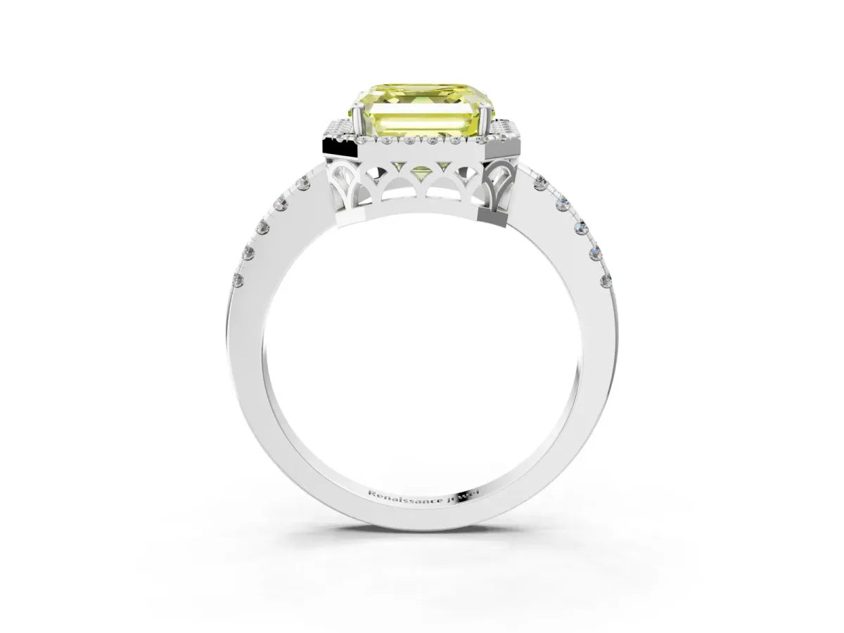 Fancy Yellow Asscher Cut Halo Diamond Engagement Ring with Pavé Band and Four-Prong Setting Platinum