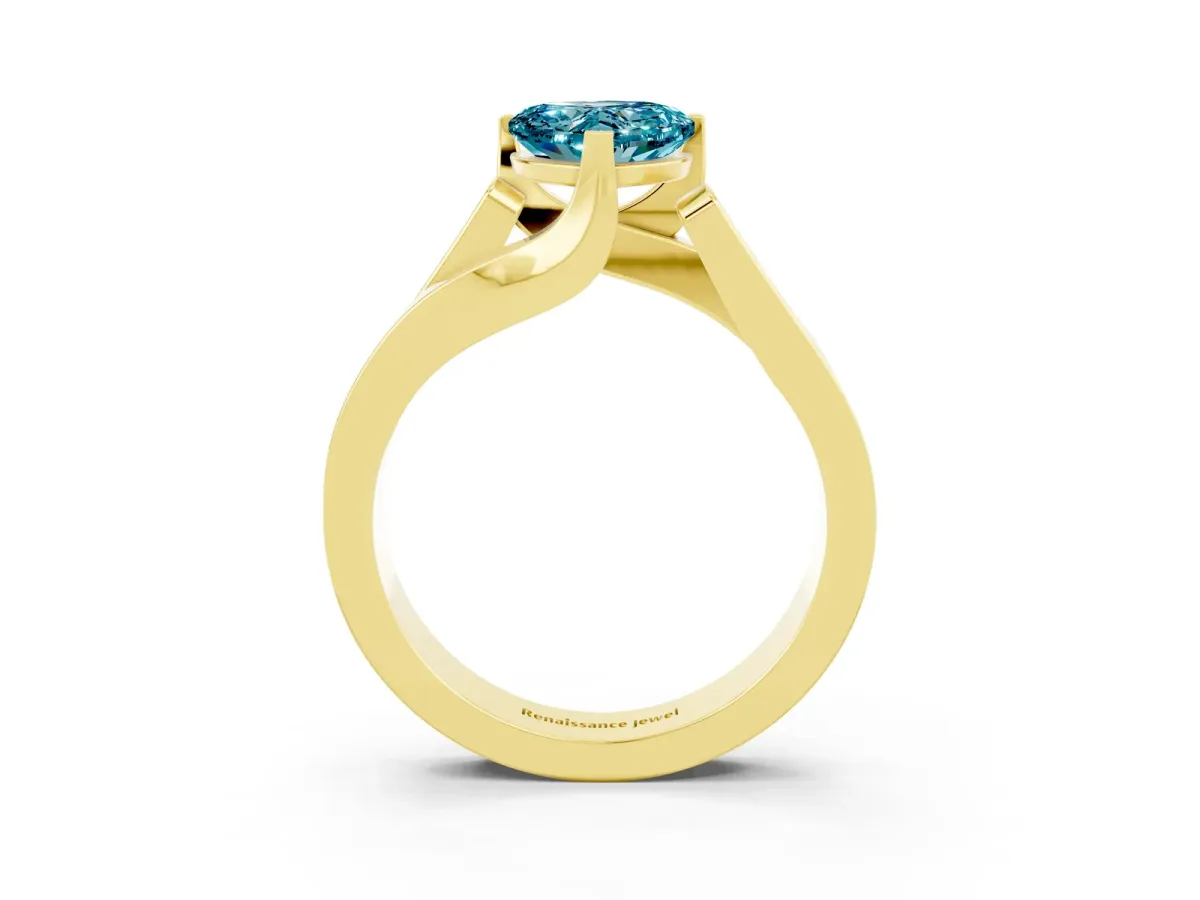 Modern Tension Set Heart Cut Blue Topaz Solitaire Wide Band Ring Yellow gold
