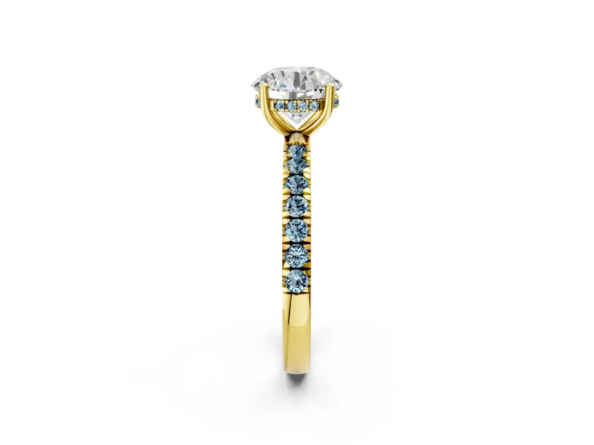Round Cut Diamond Pave Band Solitaire Ring with Round Aquamarine and Prong Setting Yellow gold