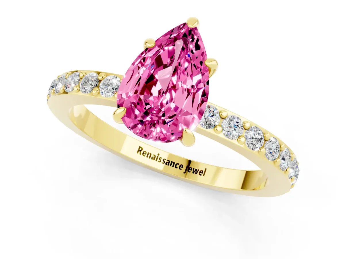 Pear Cut Pink Sapphire Solitaire Engagement Ring with Pavé Band and Four-Prong Setting Yellow gold