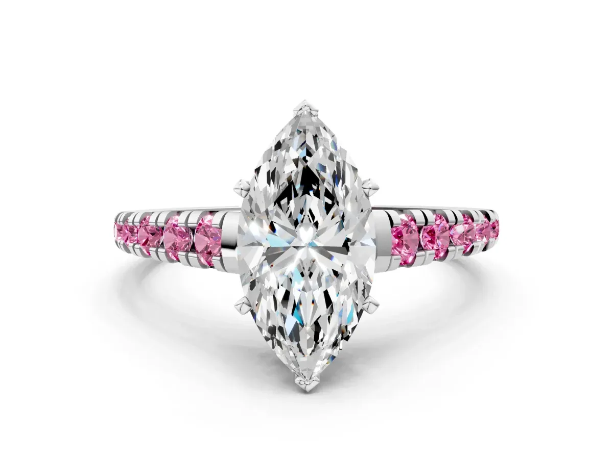 Marquise Cut Diamond Cathedral Solitaire Ring with Round Pink Sapphire Pavé Band White gold