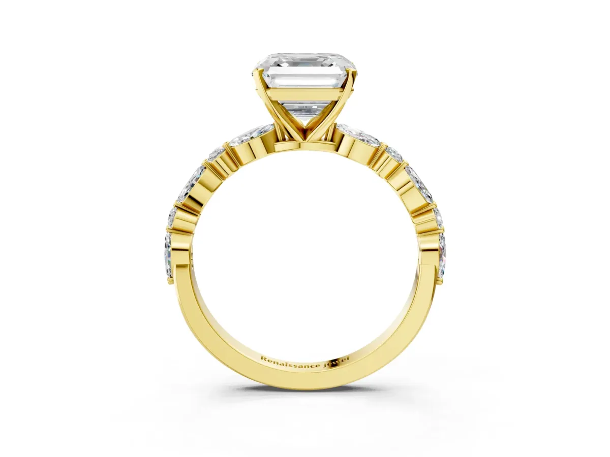 Asscher Cut Diamond Ring with Marquise and Round Side Stones and Four-Prong Setting Yellow gold