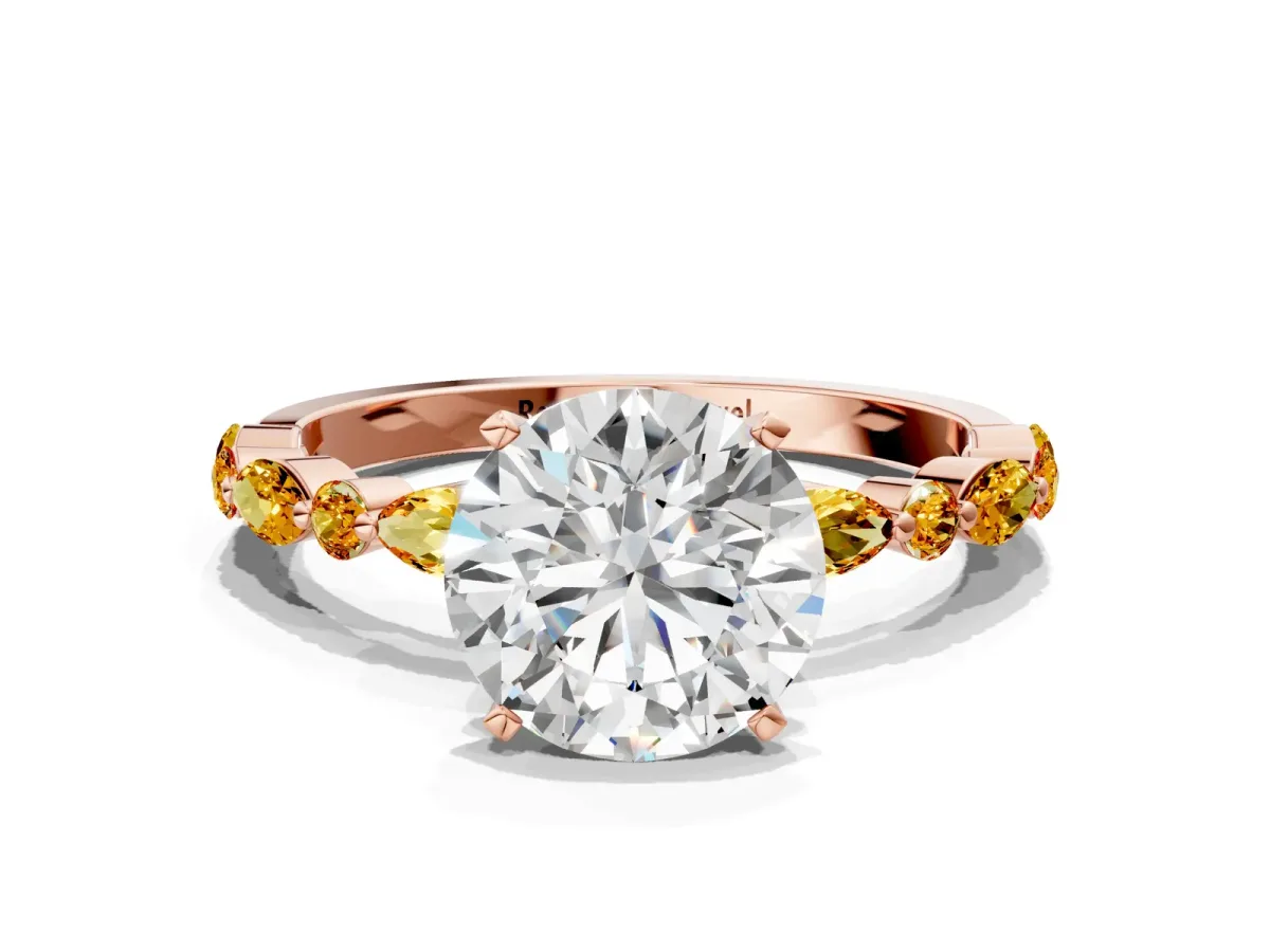Round Cut Diamond Ring with Marquise and Round Citrine Side Stones and Four-Prong Setting Rose gold