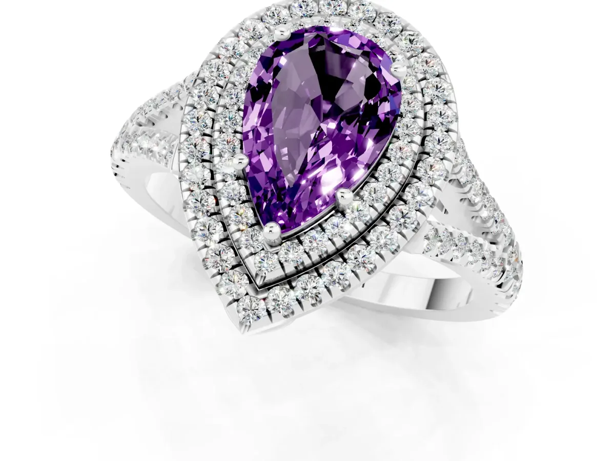 Pear Cut Amethyst Double Halo Ring with Pavé Band and Prong Setting Silver