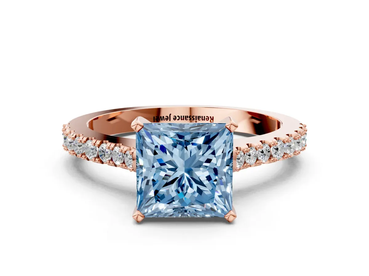 Fancy Blue Princess Cut Cut Solitaire Diamond Engagement Ring with Pave Band and Four-Prong Setting Rose gold