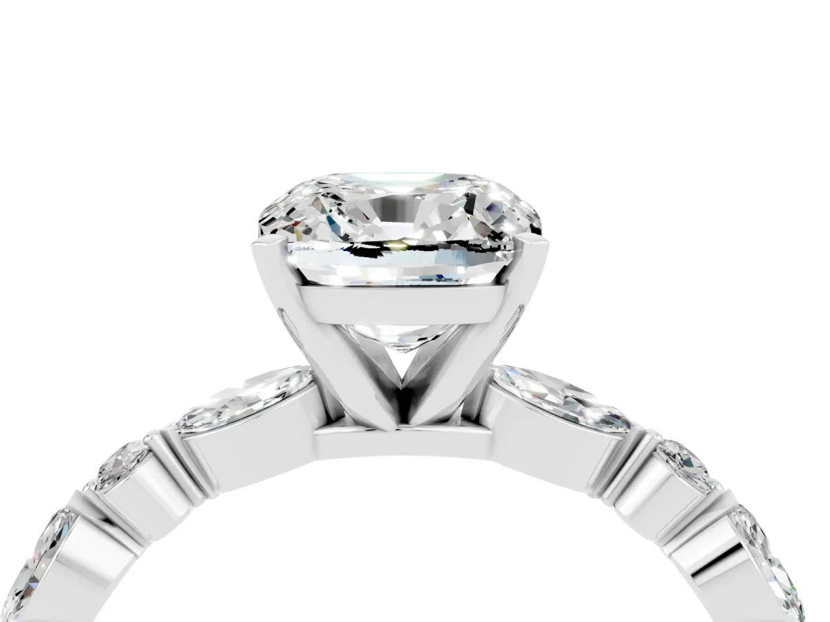 Cushion Cut Moissanite Ring with Marquise and Round Side Stones and Four-Prong Setting White gold