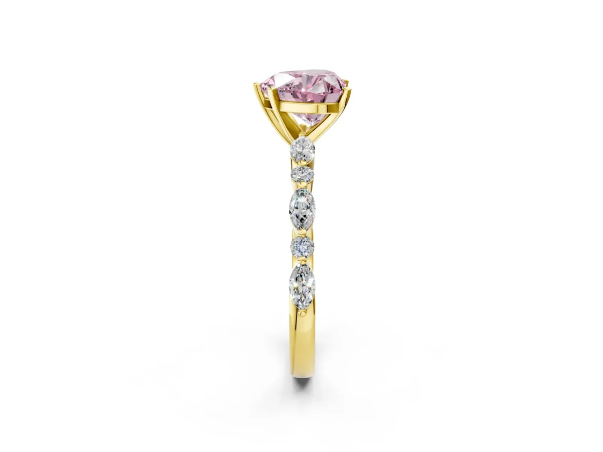 Fancy Pink Heart Cut Diamond Ring with Marquise and Round Side Stones and Four-Prong Setting Yellow gold