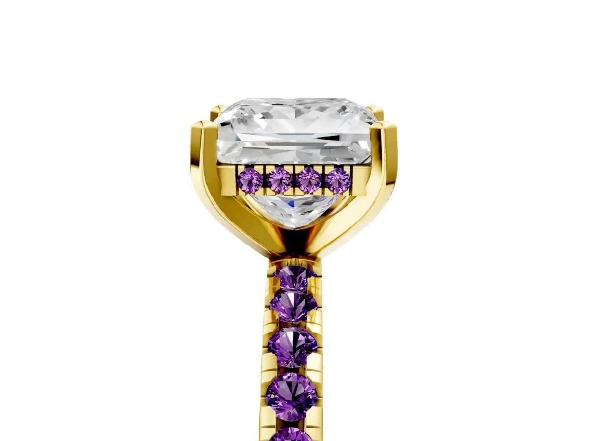Princess Cut Diamond Solitaire Ring with Round Amethyst Pavé Band and Four-Prong Setting Yellow gold