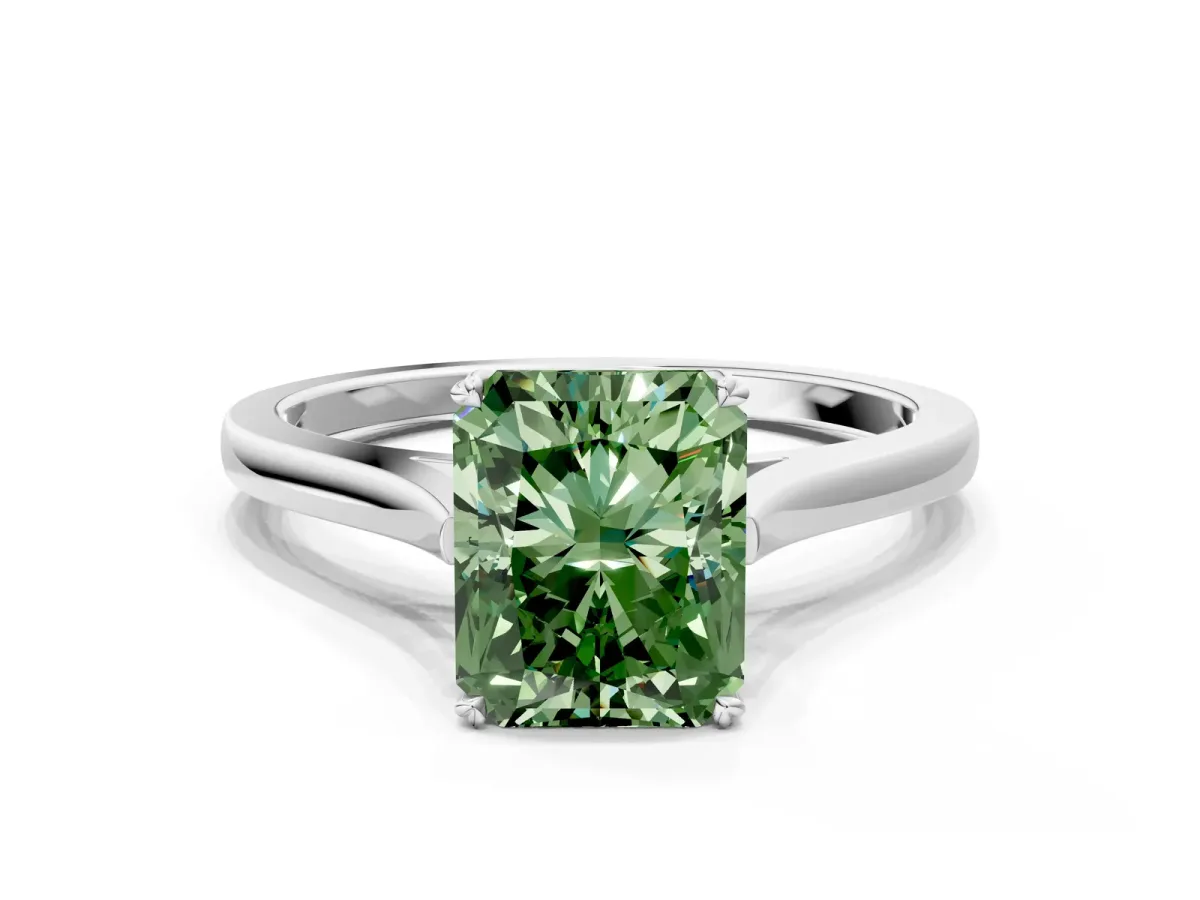 Fancy Green Radiant Cut Solitaire Heart Prong Engagement Ring with Tapered Band Platinum