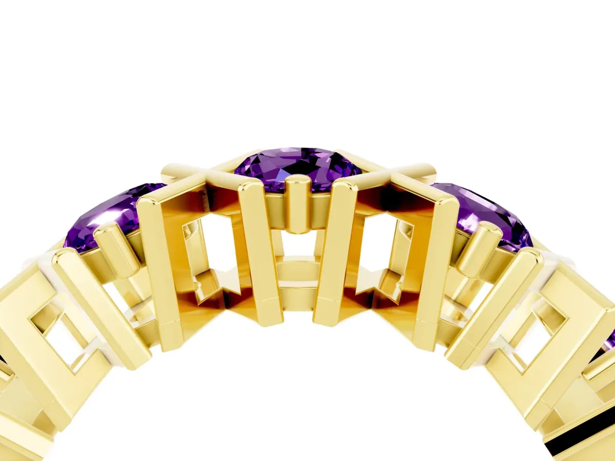 Round Amethyst Channel Set Band with X-Prong Detail Yellow gold