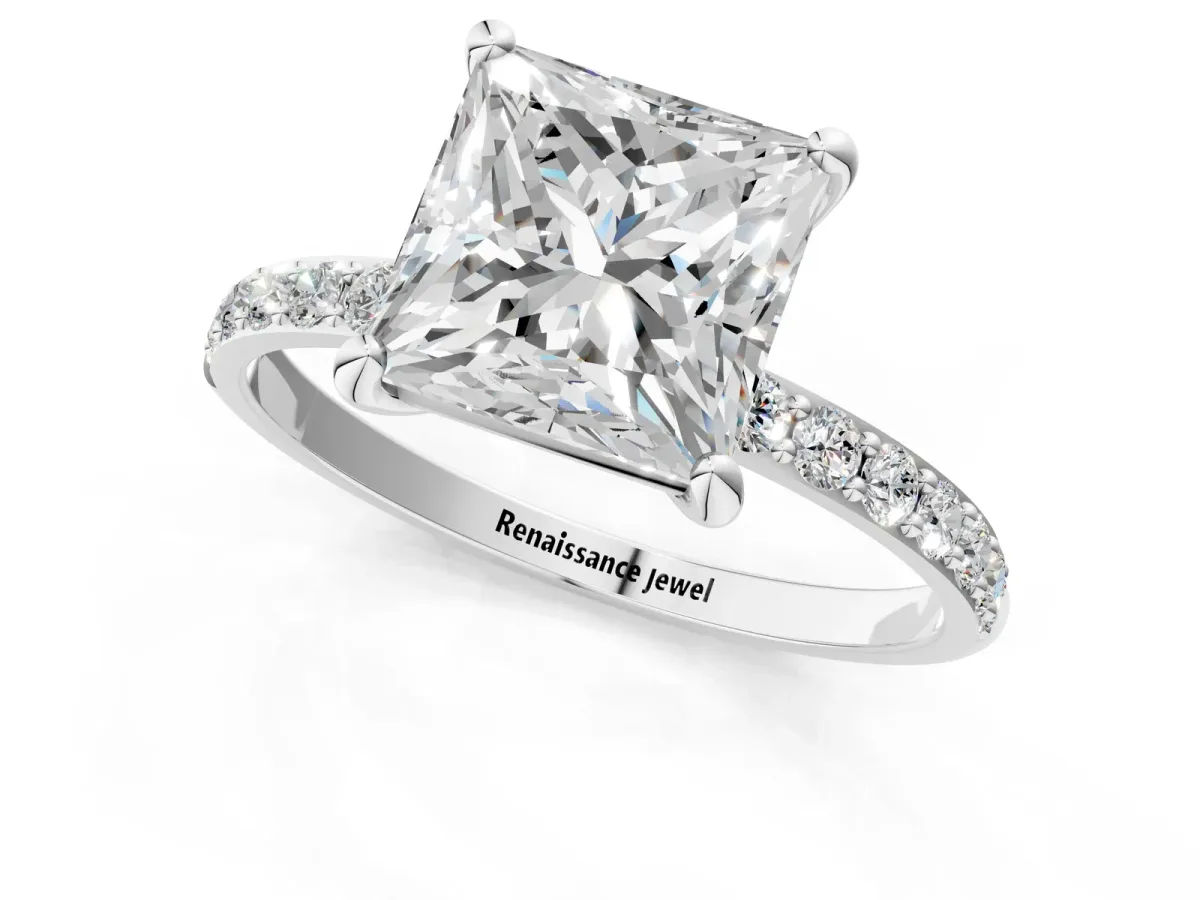 Princess Cut Diamond Solitaire Ring with Round Pavé Band and Prong Setting White gold