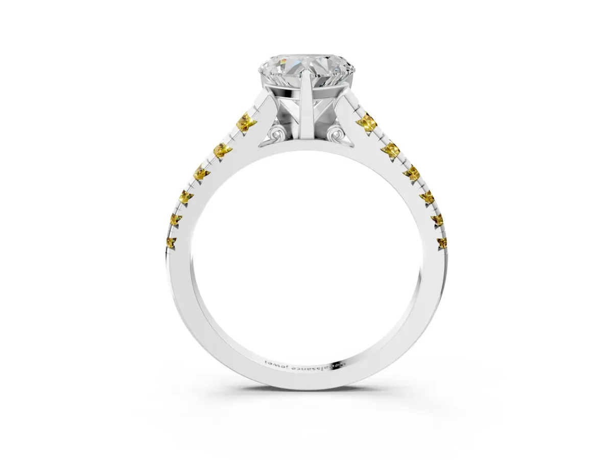 Heart Cut Diamond Cathedral Solitaire Ring with Round Yellow Sapphire Pavé Band White gold