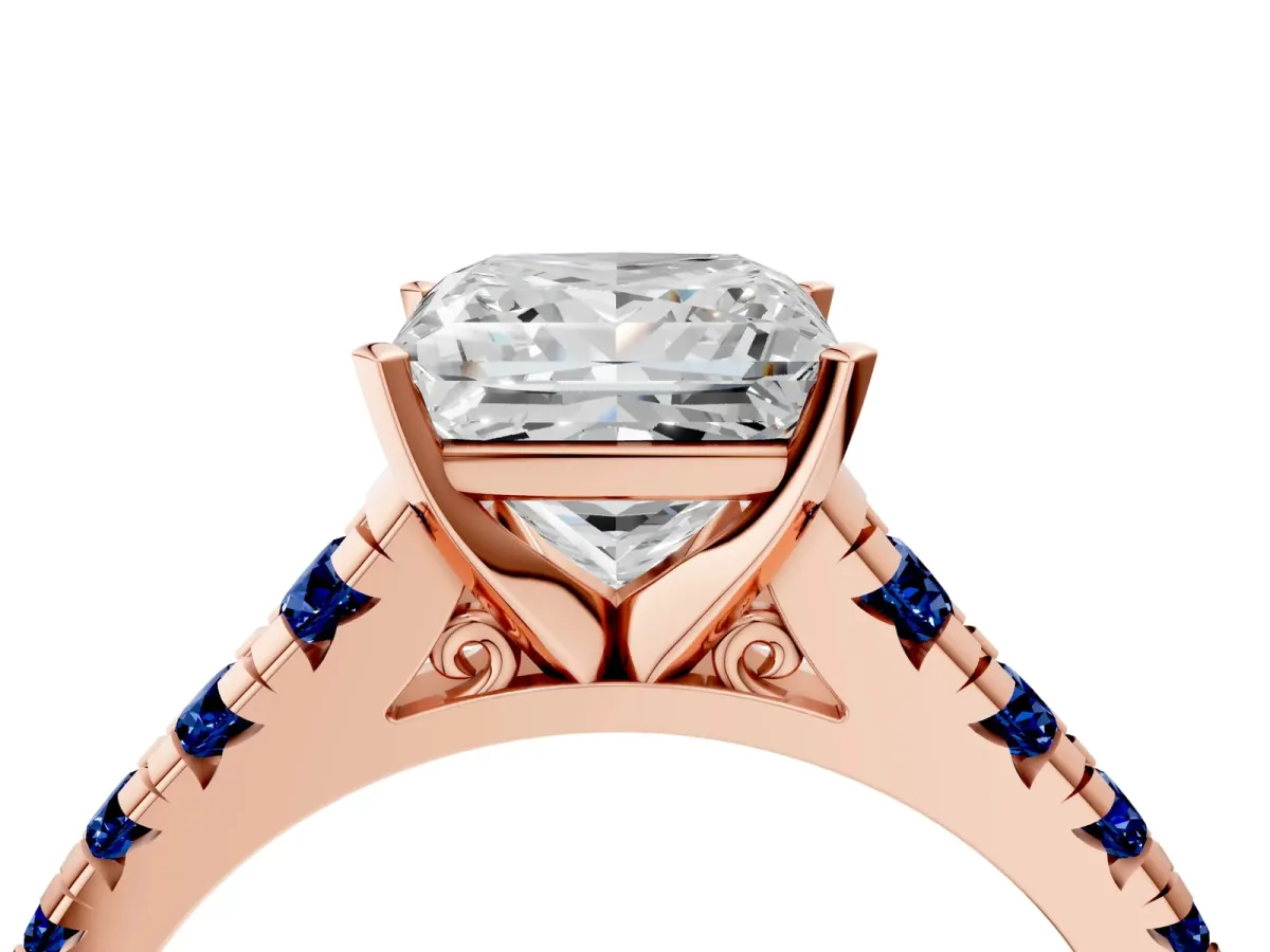 Princess Cut Diamond Cathedral Solitaire Ring with Round Blue Sapphire Pavé Band Rose gold