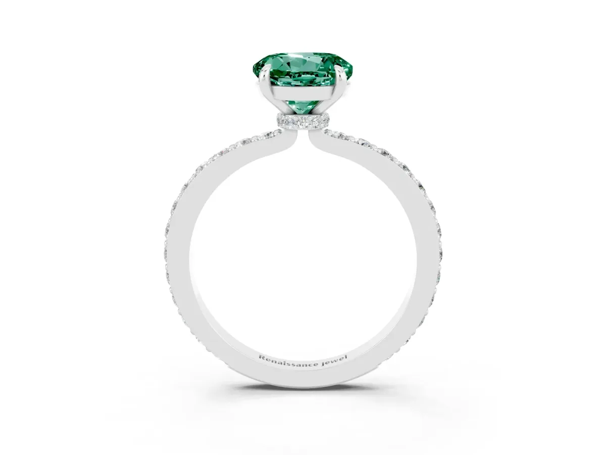 Round Cut Green Sapphire Solitaire Engagement Ring with Pavé Band and Four-Prong Setting White gold