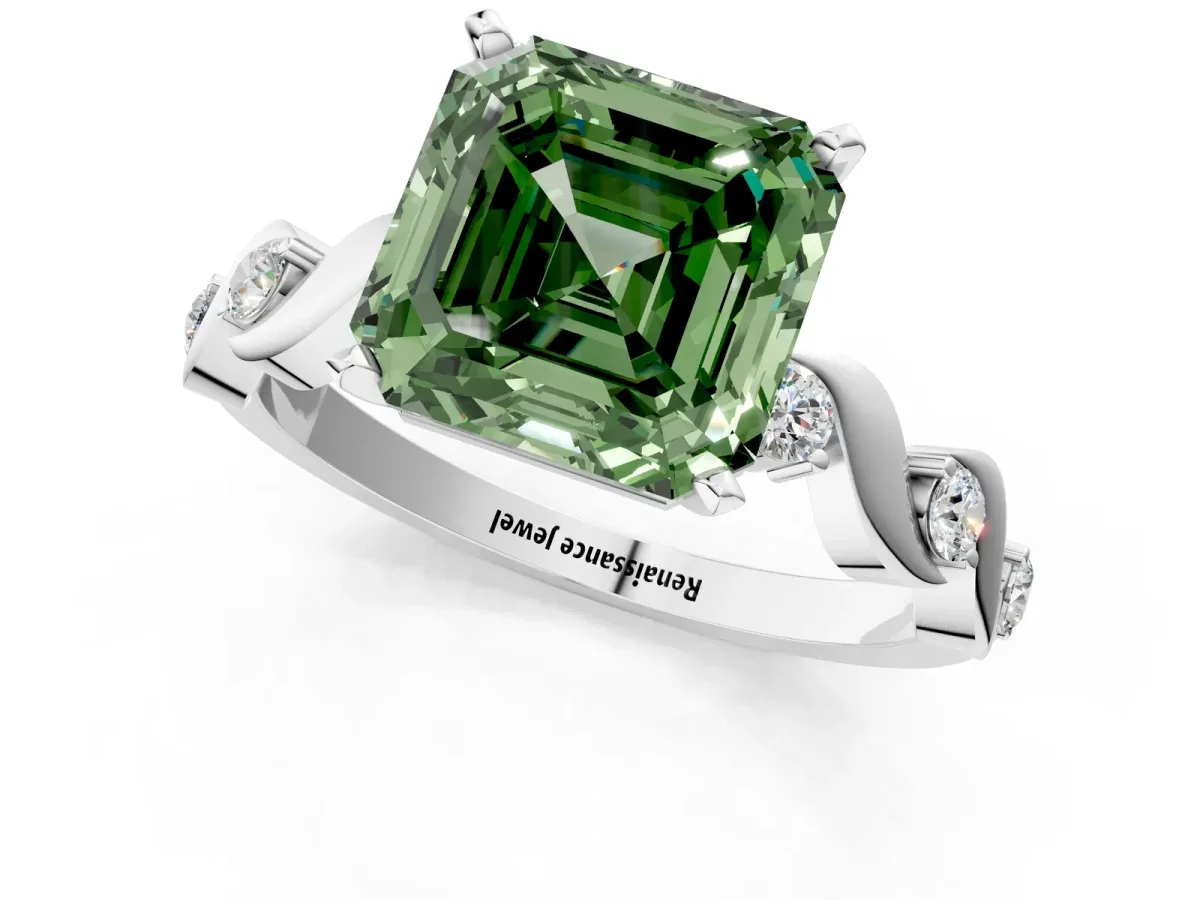 Fancy Green Asscher Cut Diamond Solitaire Twisted Band with Round Accents and Prong Setting White gold