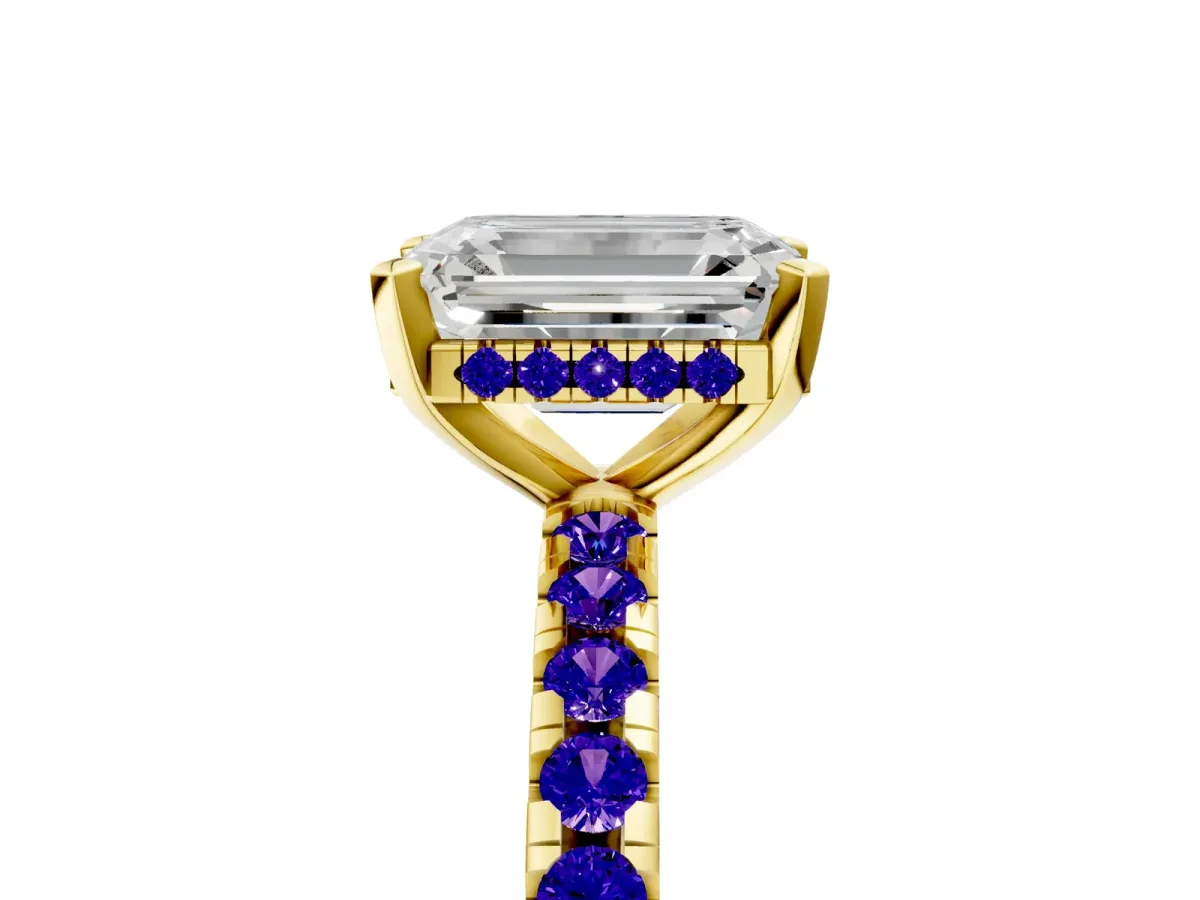 Emerald Cut Diamond Solitaire Ring with Round Tanzanite Pavé Band and Four-Prong Setting Yellow gold