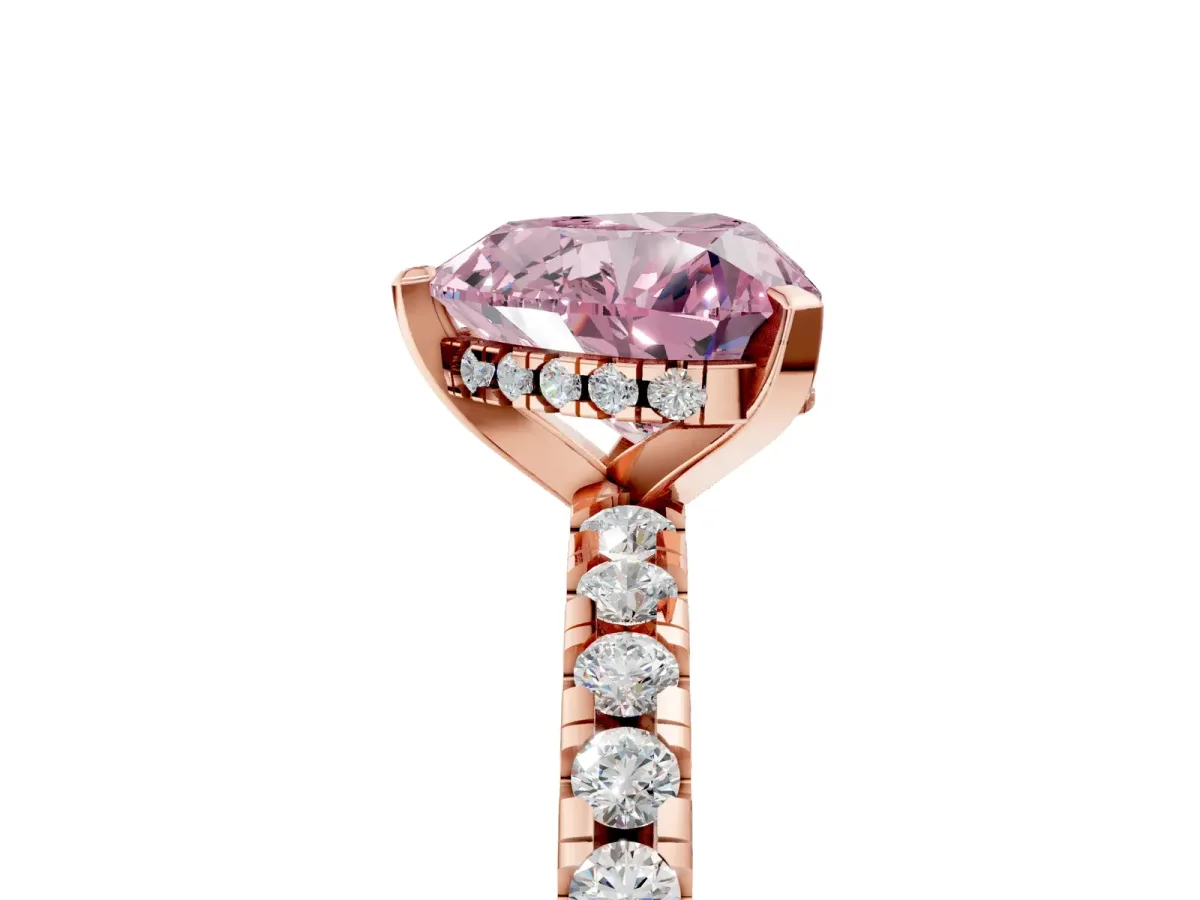 Fancy Pink Heart Cut Diamond Solitaire Ring with Round Pavé Band and Four-Prong Setting Rose gold