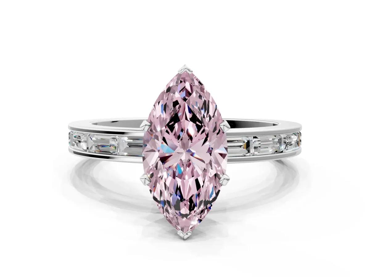 Fancy Pink Marquise Cut Solitaire Diamond Ring with Channel-Set Baguette Band and Four-Prong Setting Platinum
