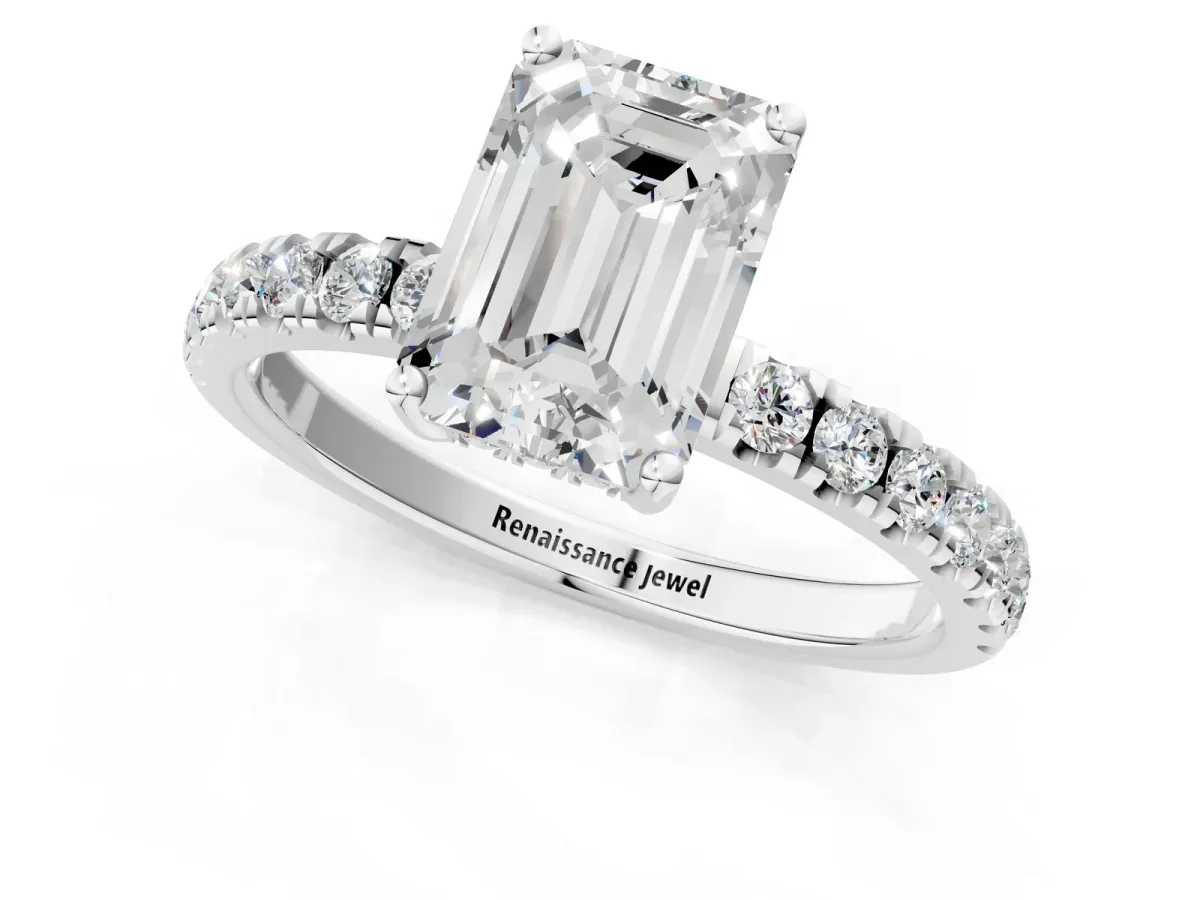 Emerald Cut Diamond Pave Band Solitaire Ring with Round and Prong Setting White gold