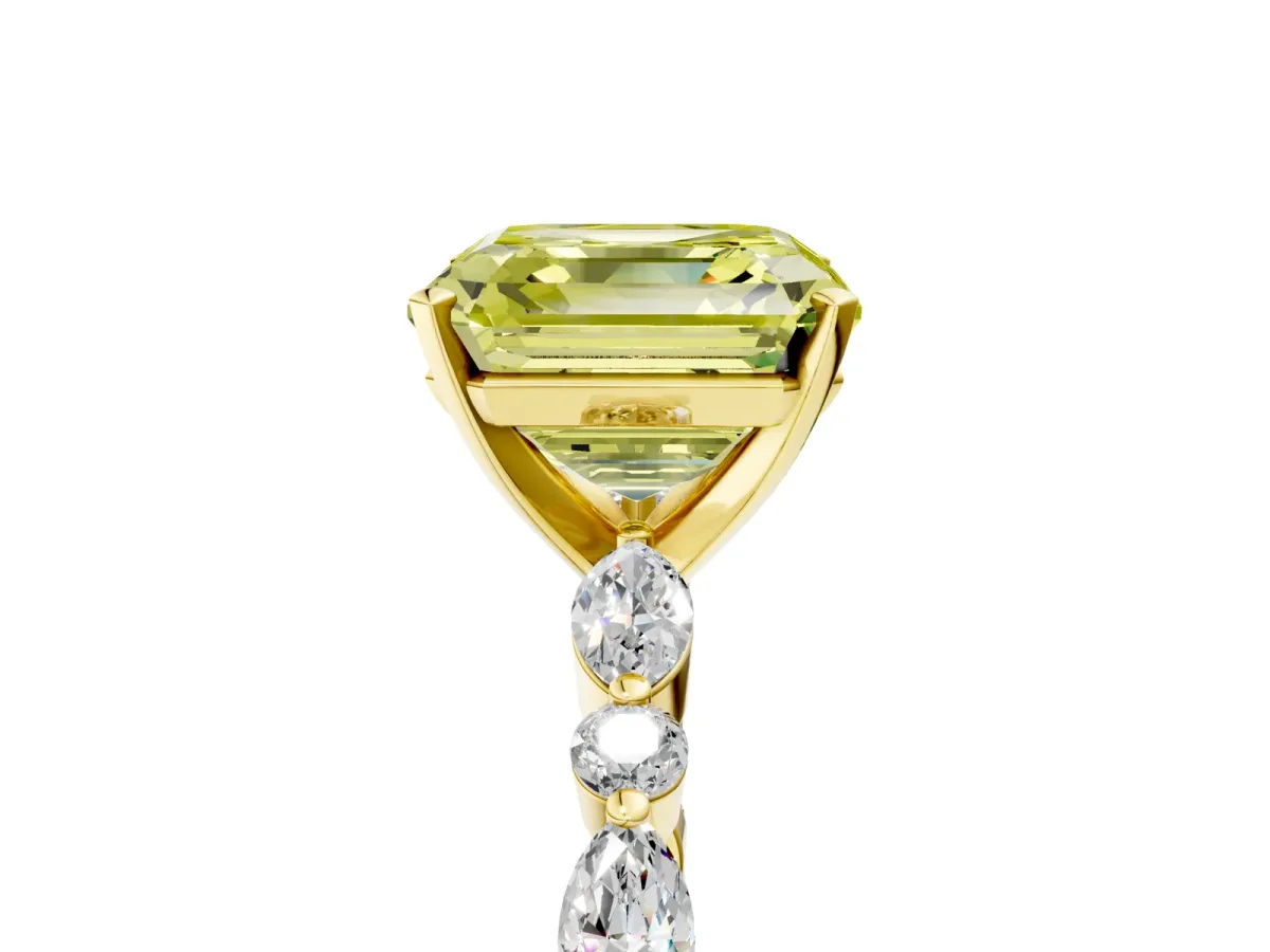 Fancy Yellow Asscher Cut Diamond Ring with Marquise and Round Side Stones and Four-Prong Setting Yellow gold