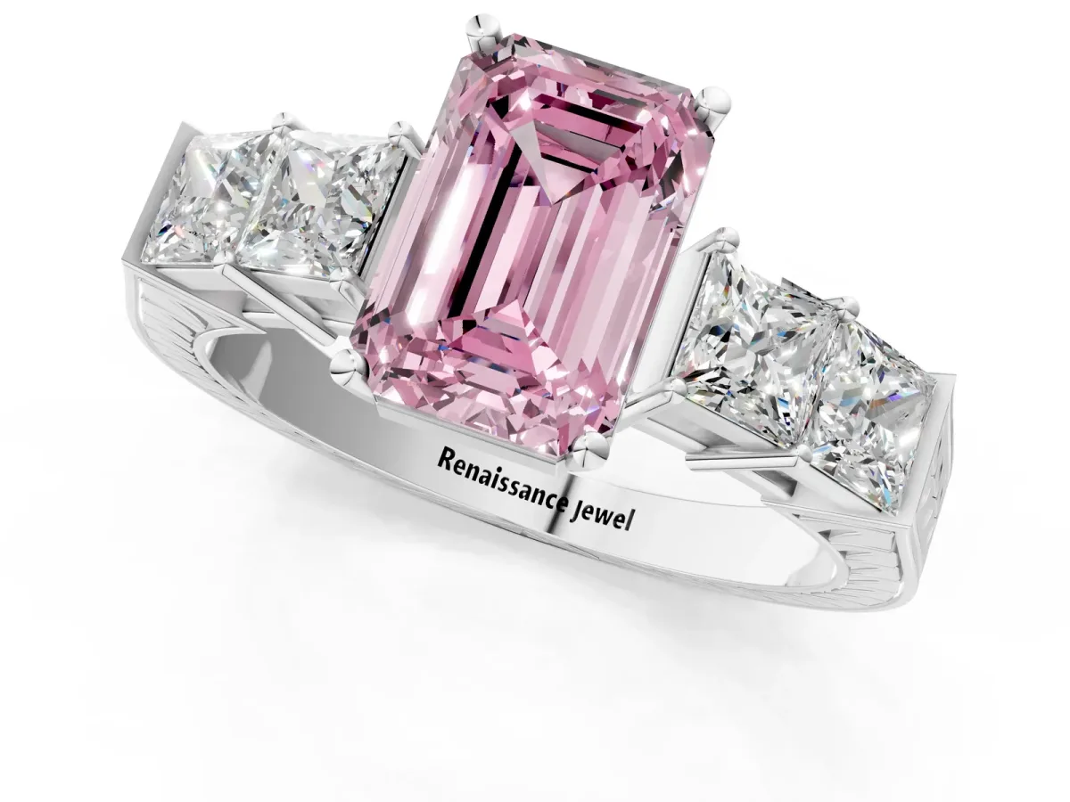 Fancy Pink Emerald Cut Solitaire Princess Side Stone Engraved Band Prong Setting Ring Silver