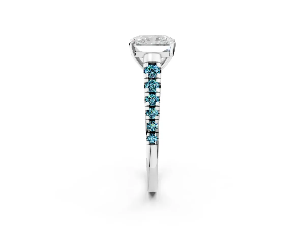 Radiant Cut Diamond Cathedral Solitaire Ring with Round Blue Topaz Pavé Band White gold