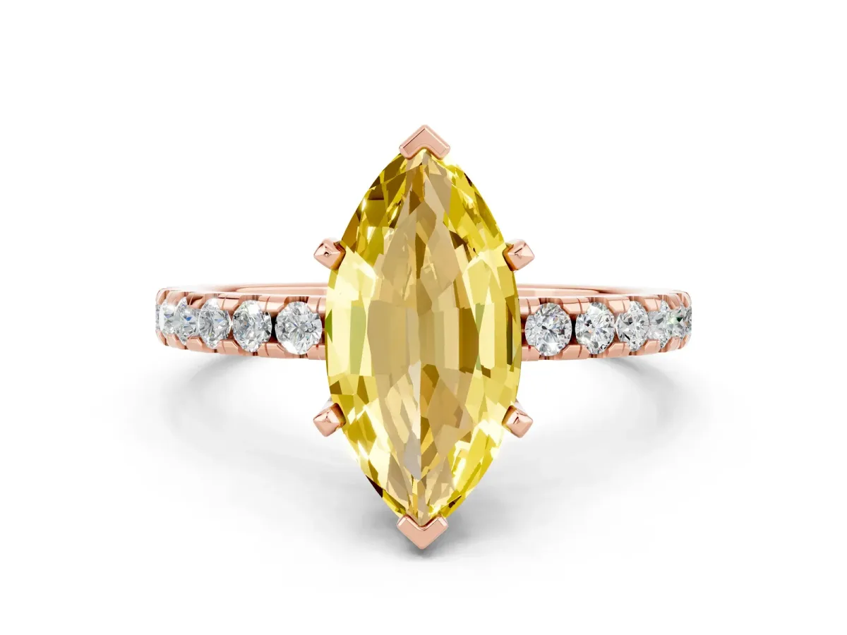 Marquise Cut Yellow Sapphire Solitaire Ring with Round Pavé Band and Four-Prong Setting Rose gold