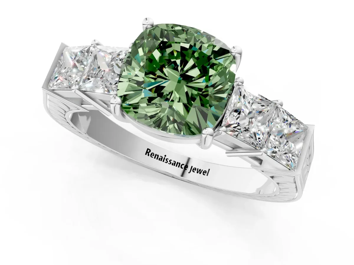 Fancy Green Cushion Cut Solitaire Princess Side Stone Engraved Band Prong Setting Ring Silver