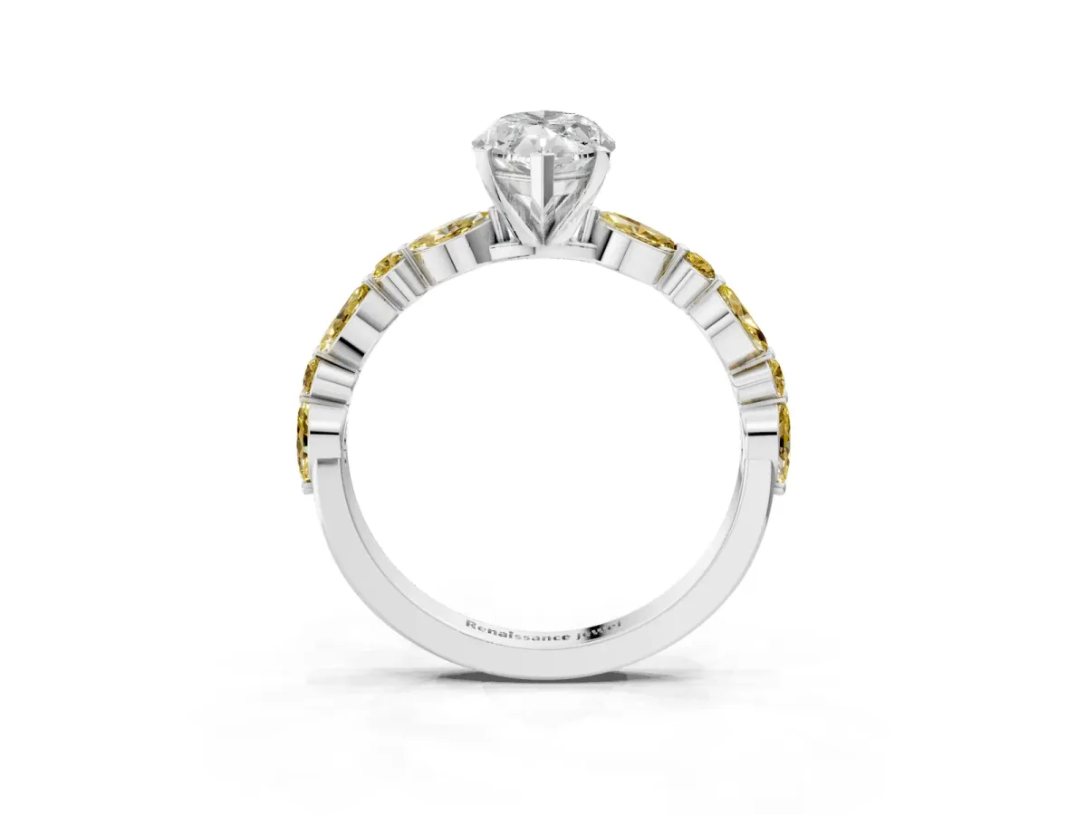 Marquise Cut Diamond Ring with Marquise and Round Yellow Sapphire Side Stones and Four-Prong Setting Platinum