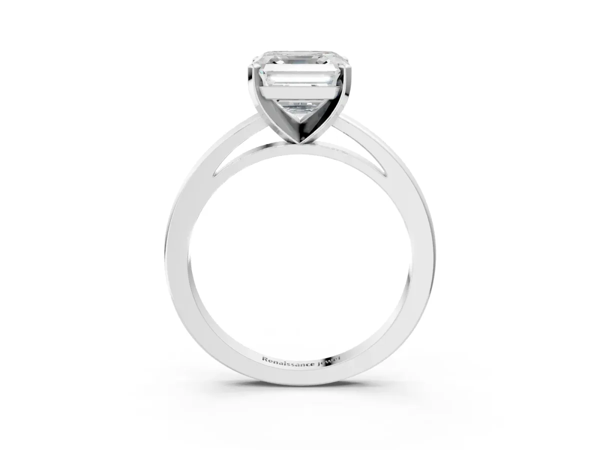 Asscher Cut Solitaire Diamond Engagement Ring with Four-Prong Setting on a Classic Band Platinum