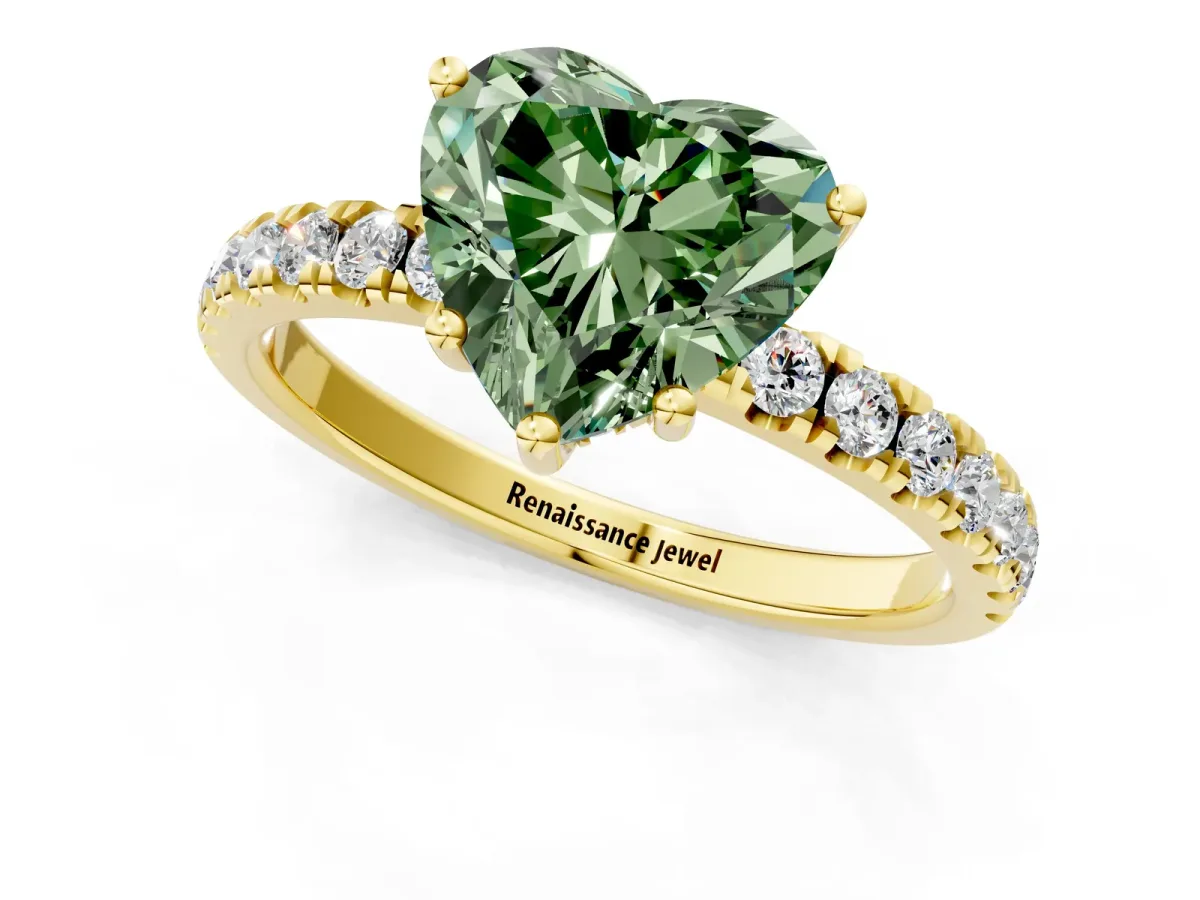 Fancy Green Heart Cut Diamond Pave Band Solitaire Ring with Round and Prong Setting Yellow gold