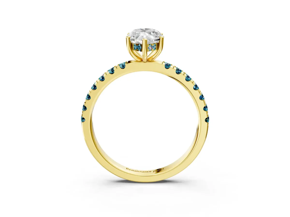 Marquise Cut Diamond Pave Band Solitaire Ring with Round Blue Topaz and Prong Setting Yellow gold