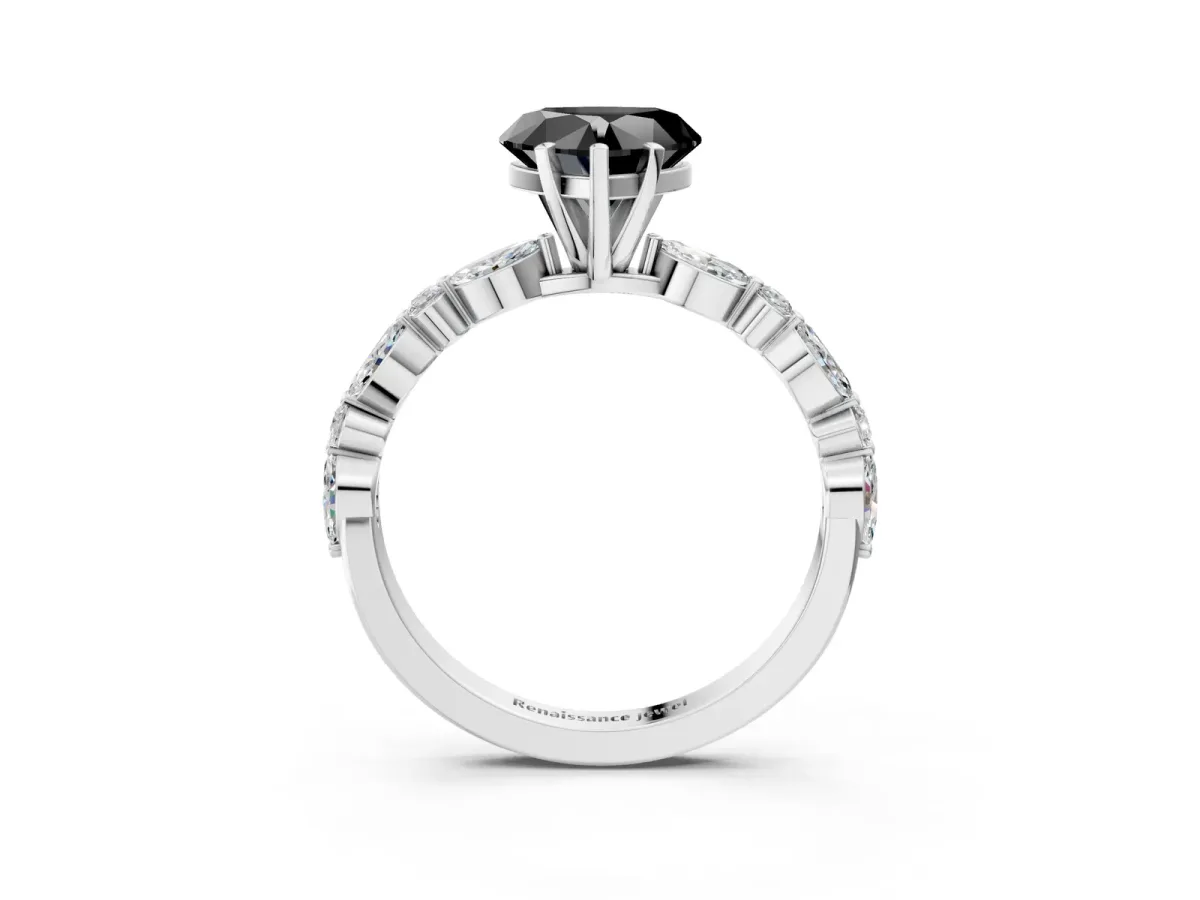 Fancy Black Heart Cut Diamond Ring with Marquise and Round Side Stones and Four-Prong Setting White gold
