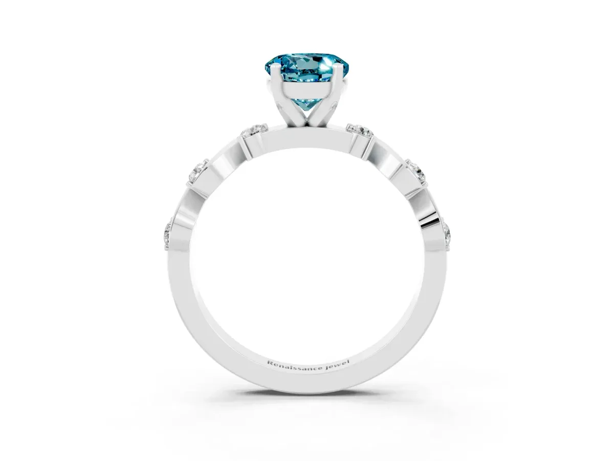 Round Cut Blue Topaz Solitaire Twisted Band with Round Accents and Prong Setting White gold