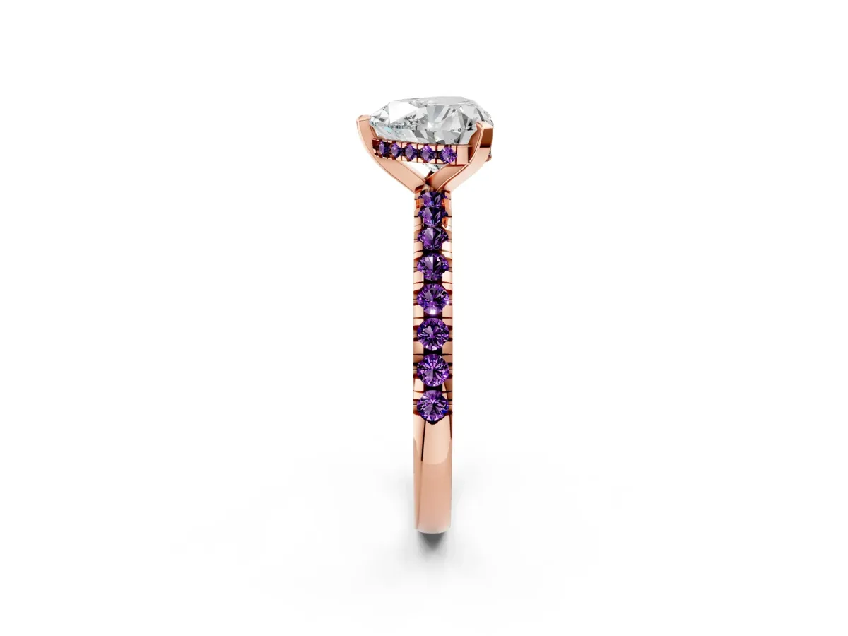Heart Cut Diamond Solitaire Ring with Round Amethyst Pavé Band and Four-Prong Setting Rose gold