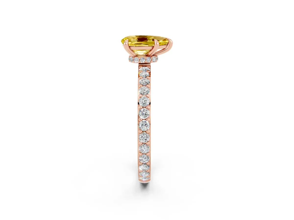 Pear Cut Yellow Sapphire Solitaire Engagement Ring with Pavé Band and Four-Prong Setting Rose gold