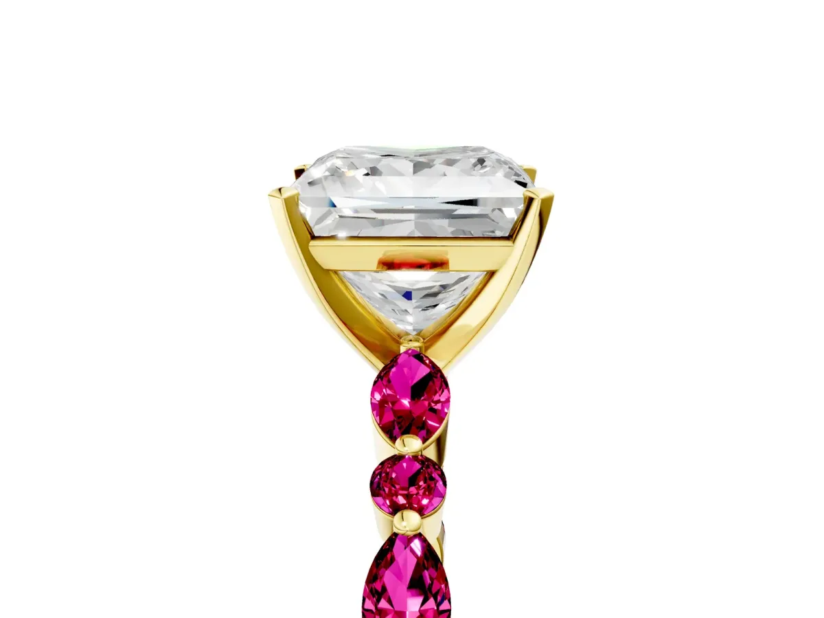 Princess Cut Diamond Ring with Marquise and Round Garnet Side Stones and Four-Prong Setting Yellow gold