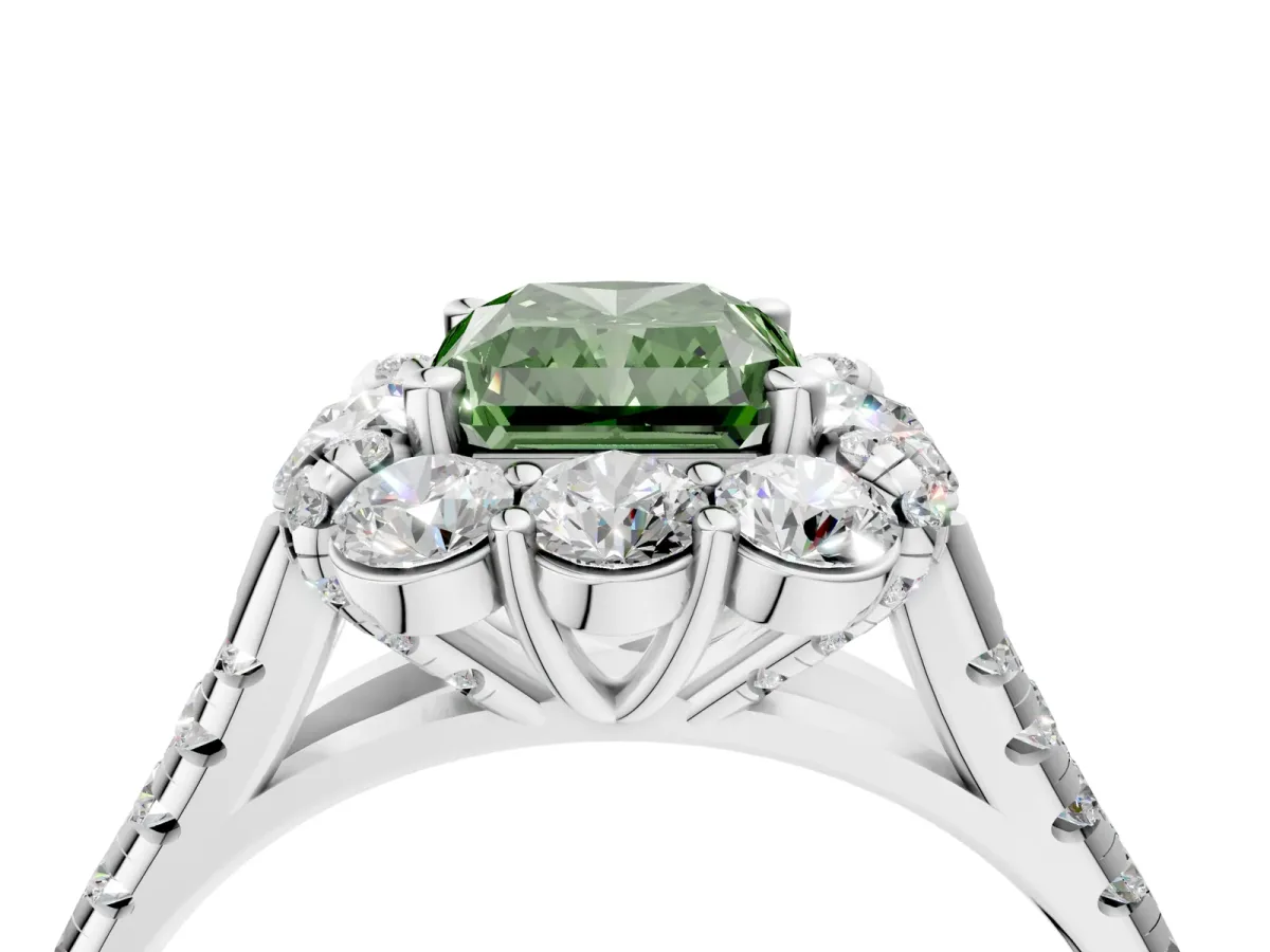 Fancy Green Radiant Cut Halo Split Shank Diamond Engagement Ring with Pave Band and Four-Prong Setting Platinum