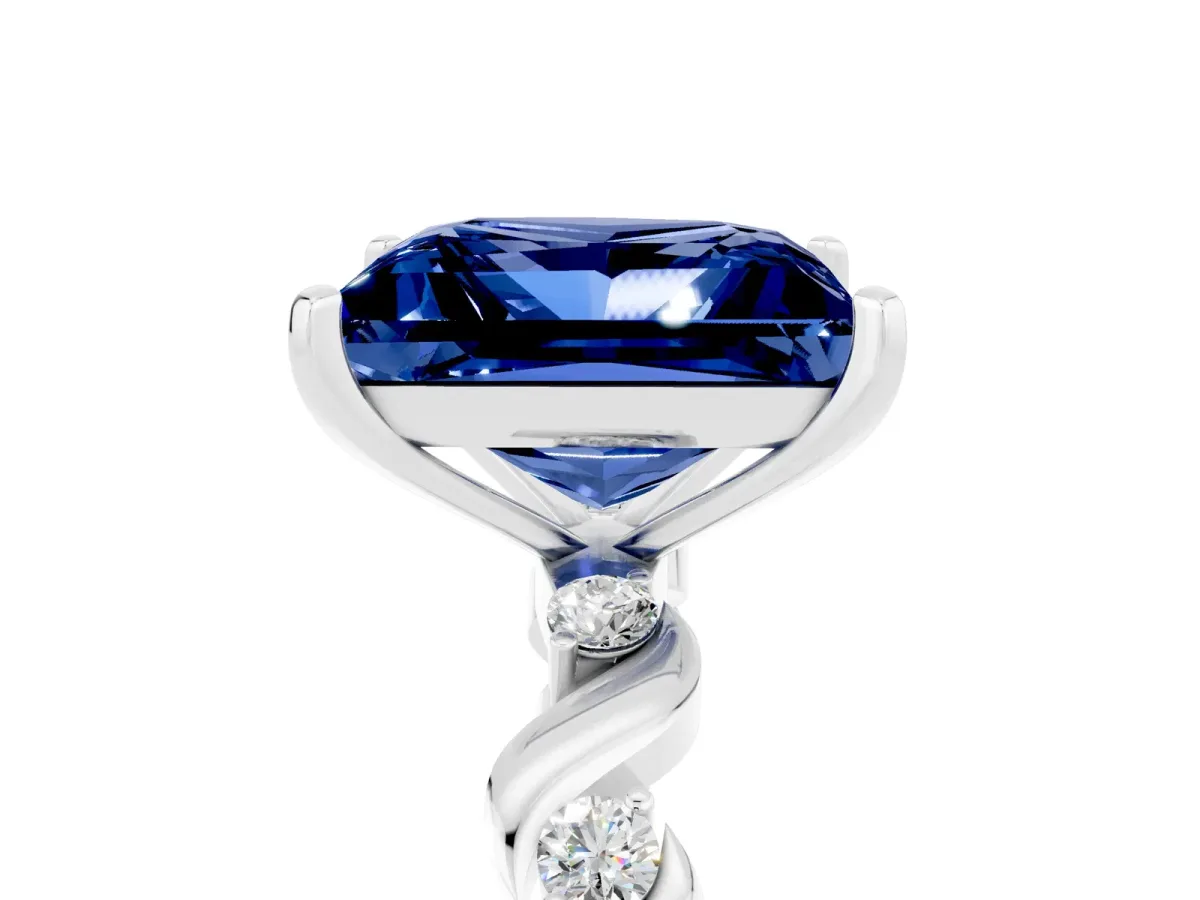 Princess Cut Blue Sapphire Solitaire Twisted Band with Round Accents and Prong Setting White gold