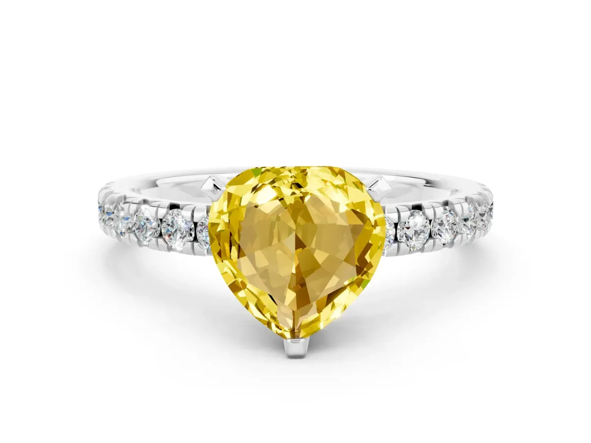 Heart Cut Yellow Sapphire Solitaire Pavé Engagement Ring with Round Band and Prong Setting Platinum