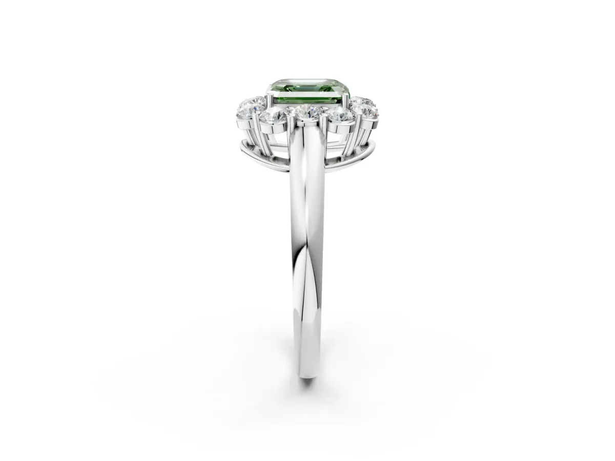 Fancy Green Asscher Cut Halo Milgrain Solitaire with Bezel Set Side Stones and Pave Band Platinum